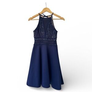 Francesca's Blue Halter Lace Sequin Fit Flare Dress Special Occasion Sz XS